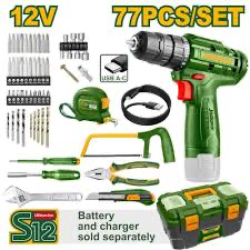 JUEGO DE HERRAMIENTAS DE 77 PIEZAS INCLUYE TALADRO ATORNILLADOR DE 12V - JADEVER -